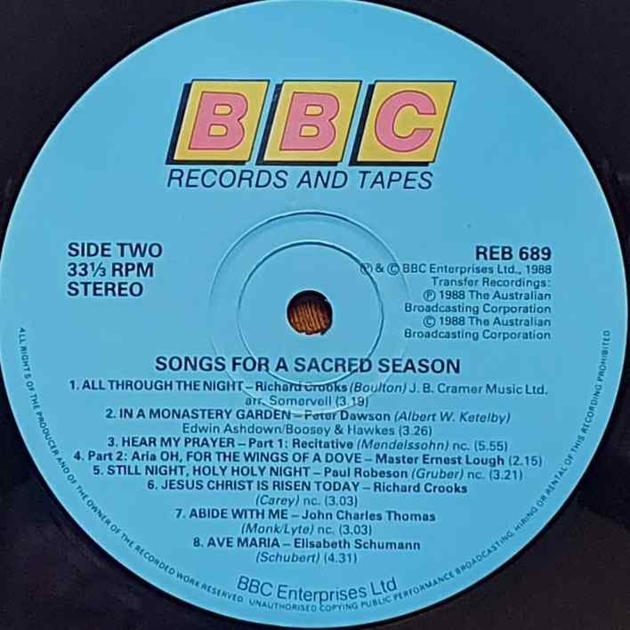 REB 689 Songs for a sacred season Various from the BBC records and Tapes library Label